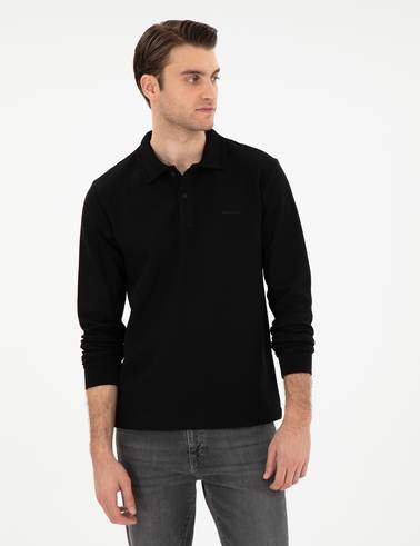 Siyah Slim Fit Kıvrılmaz Yaka Sweatshirt