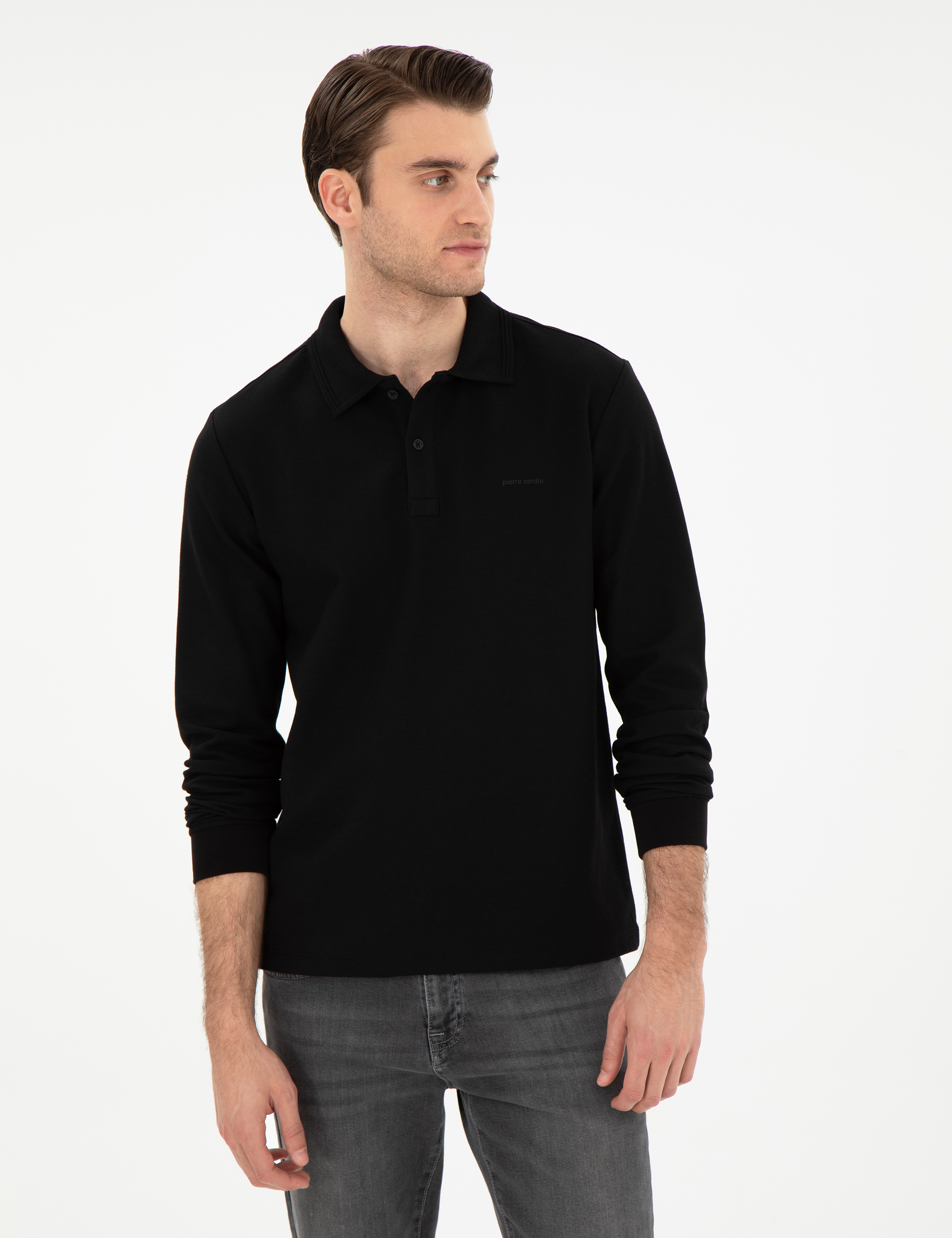 Siyah Slim Fit Kıvrılmaz Yaka Sweatshirt