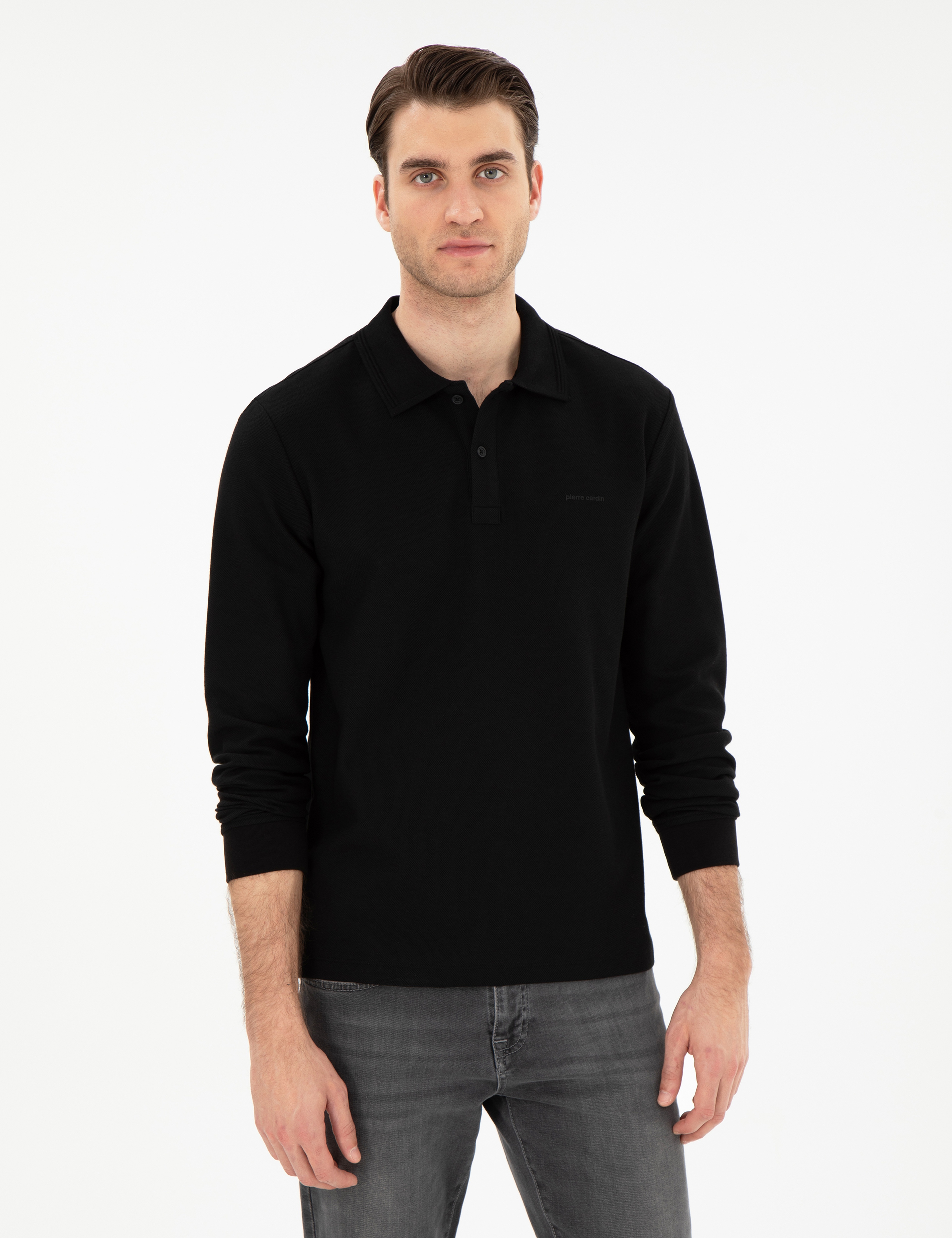 Siyah Slim Fit Kıvrılmaz Yaka Sweatshirt - Image 1