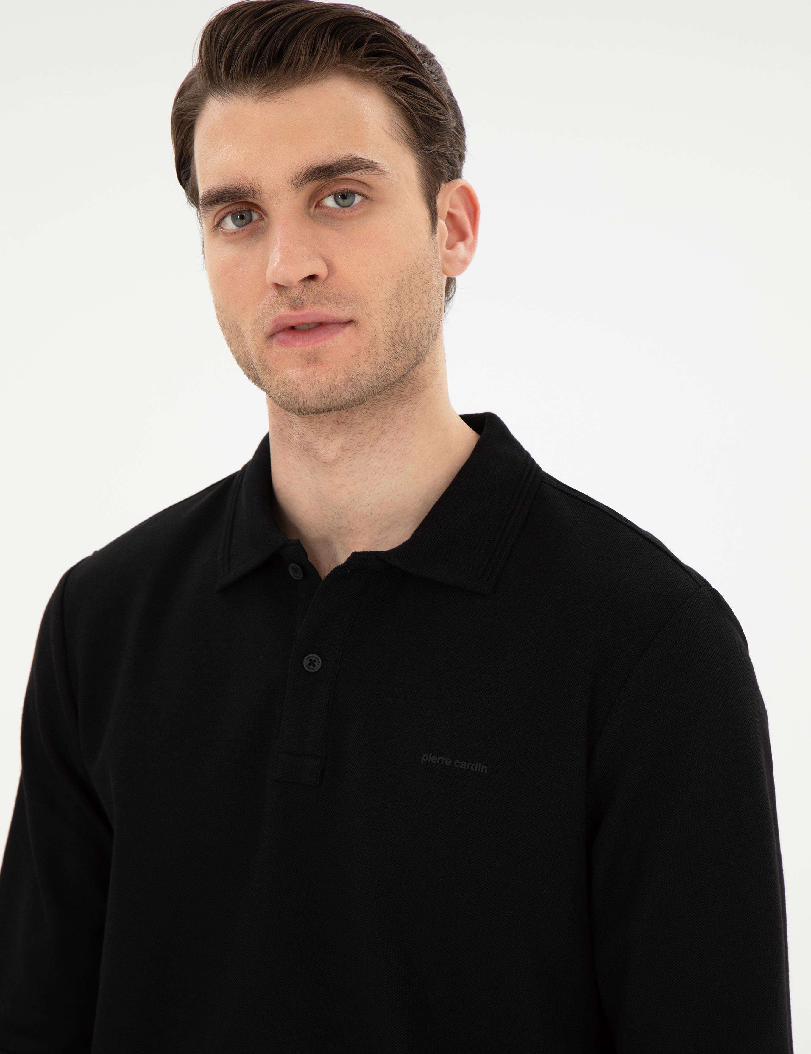 Siyah Slim Fit Kıvrılmaz Yaka Sweatshirt