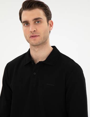 Siyah Slim Fit Kıvrılmaz Yaka Sweatshirt
