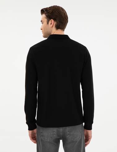 Siyah Slim Fit Kıvrılmaz Yaka Sweatshirt