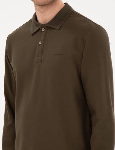 Haki Slim Fit Kıvrılmaz Yaka Sweatshirt