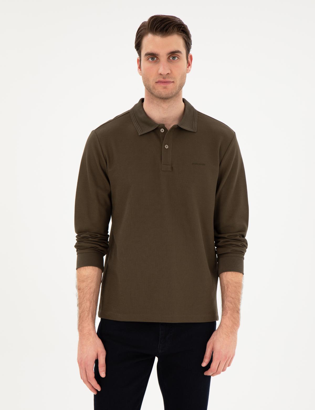 Haki Slim Fit Kıvrılmaz Yaka Sweatshirt