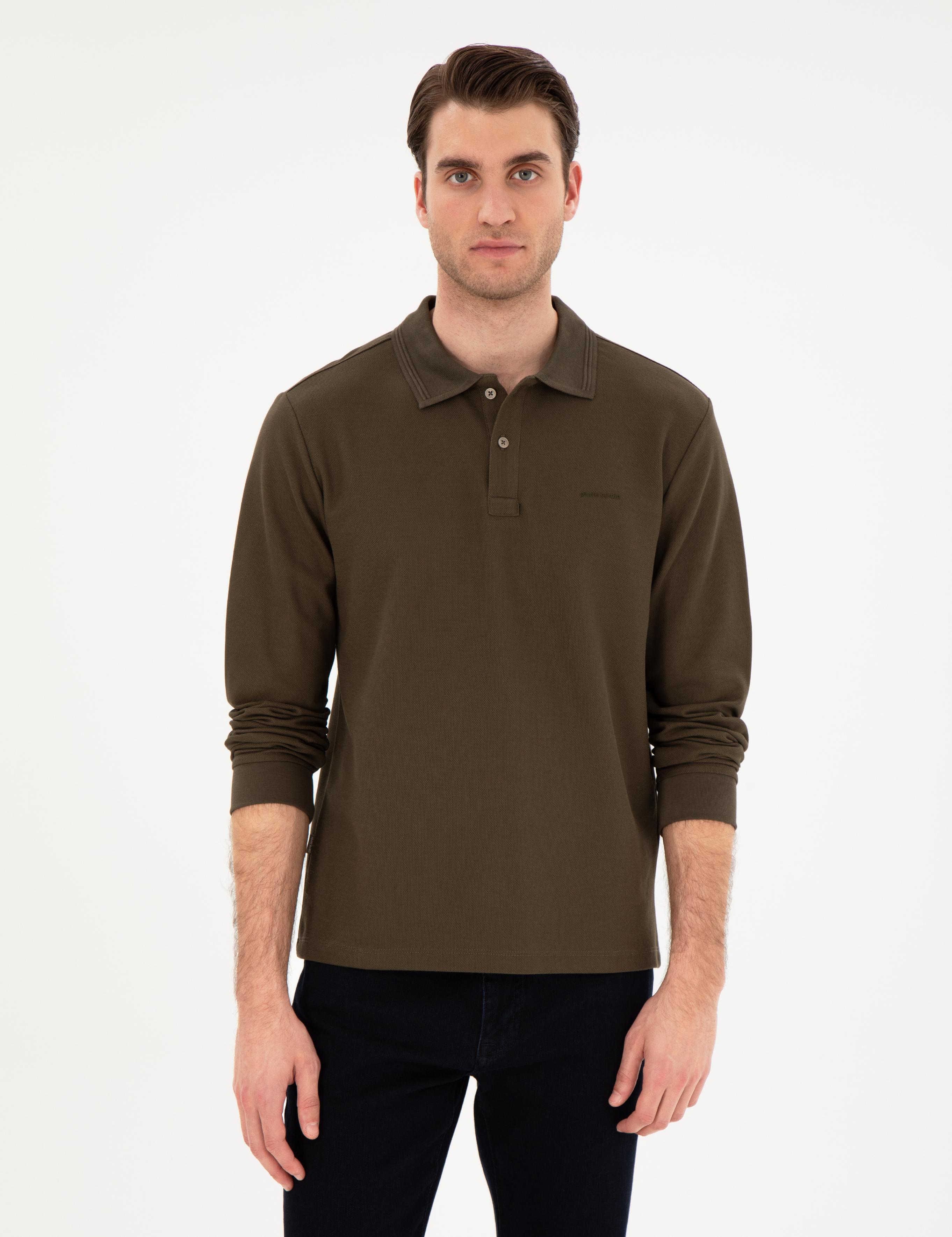 Haki Slim Fit Kıvrılmaz Yaka Sweatshirt