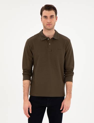 Haki Slim Fit Kıvrılmaz Yaka Sweatshirt