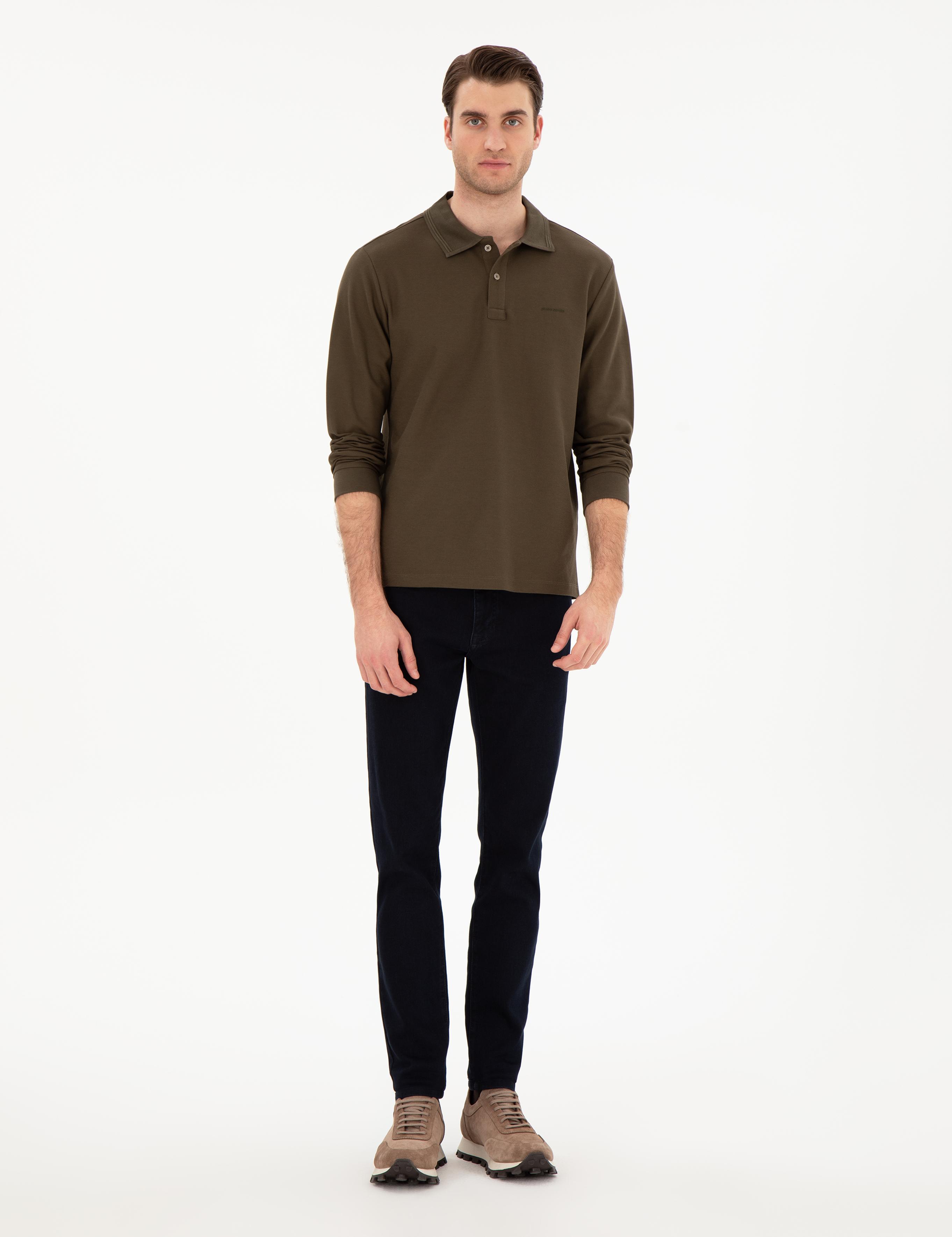 Haki Slim Fit Kıvrılmaz Yaka Sweatshirt