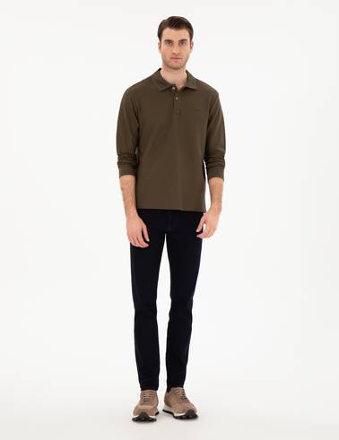 Haki Slim Fit Kıvrılmaz Yaka Sweatshirt