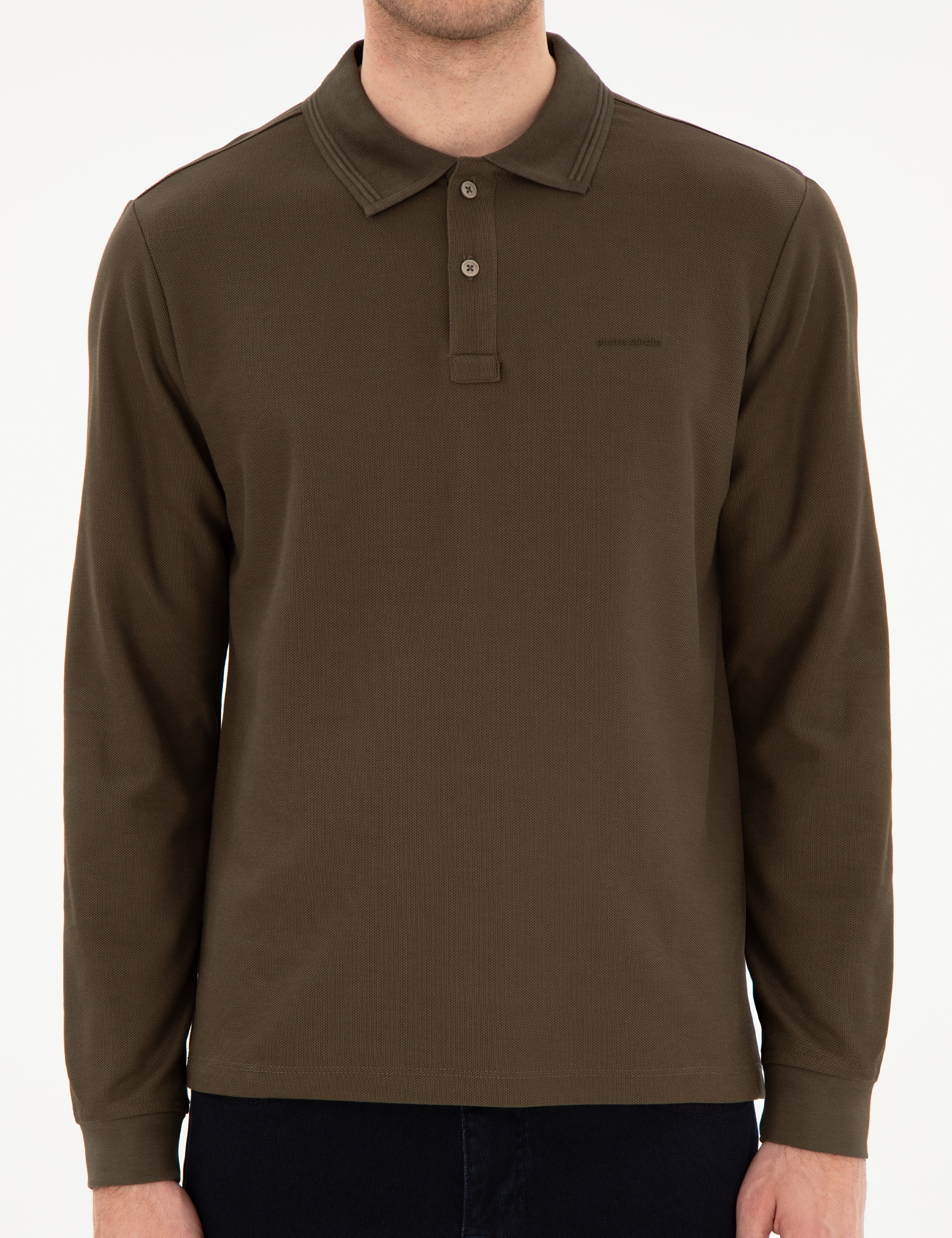 Haki Slim Fit Kıvrılmaz Yaka Sweatshirt
