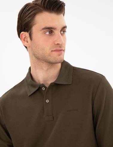 Haki Slim Fit Kıvrılmaz Yaka Sweatshirt