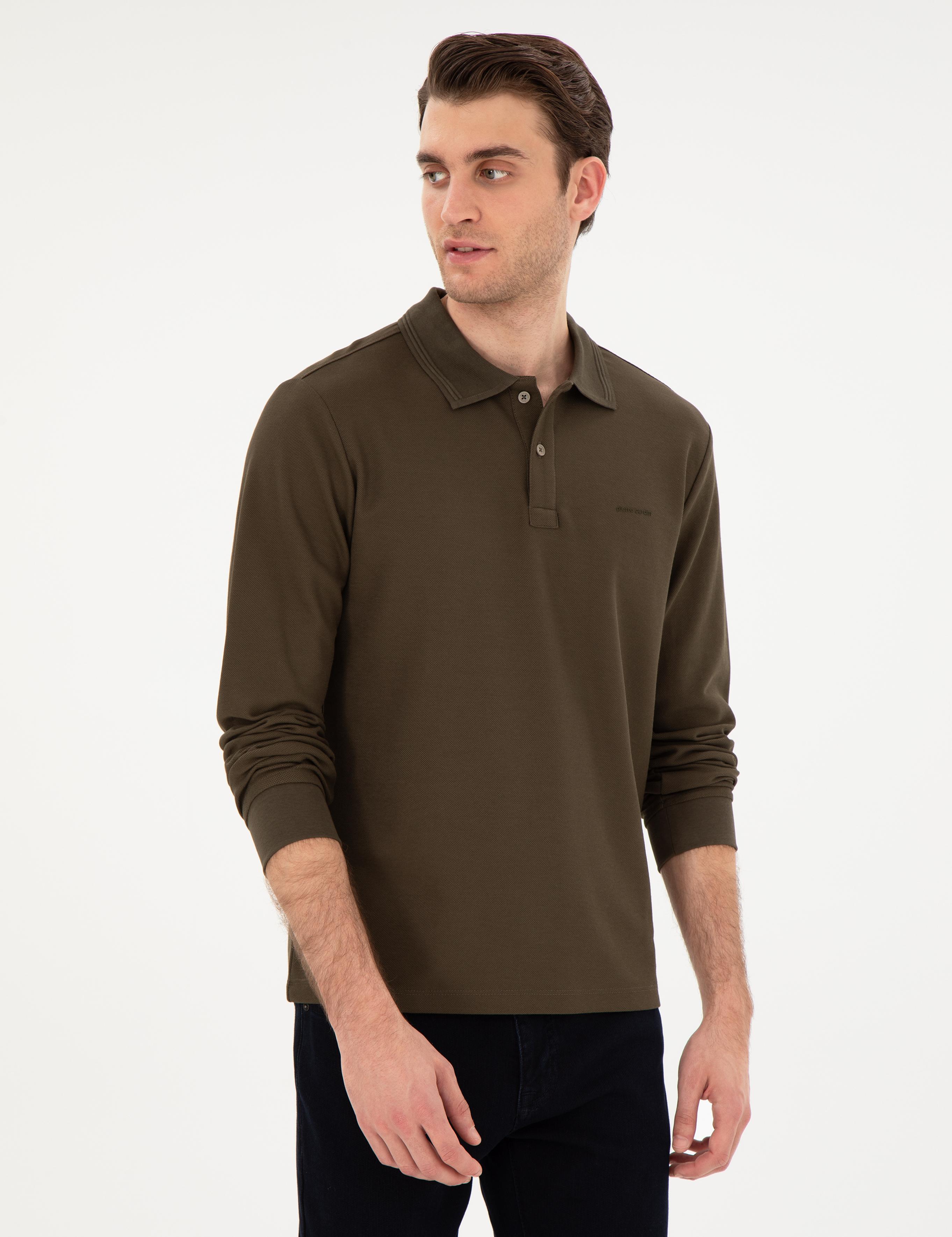 Haki Slim Fit Kıvrılmaz Yaka Sweatshirt