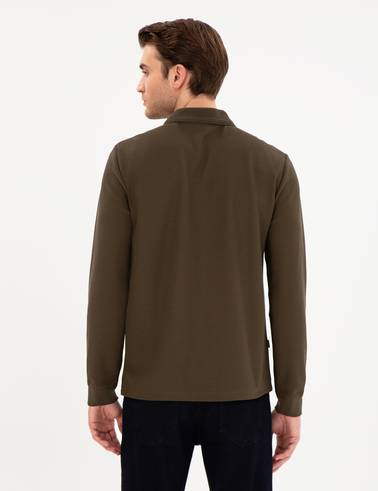 Haki Slim Fit Kıvrılmaz Yaka Sweatshirt