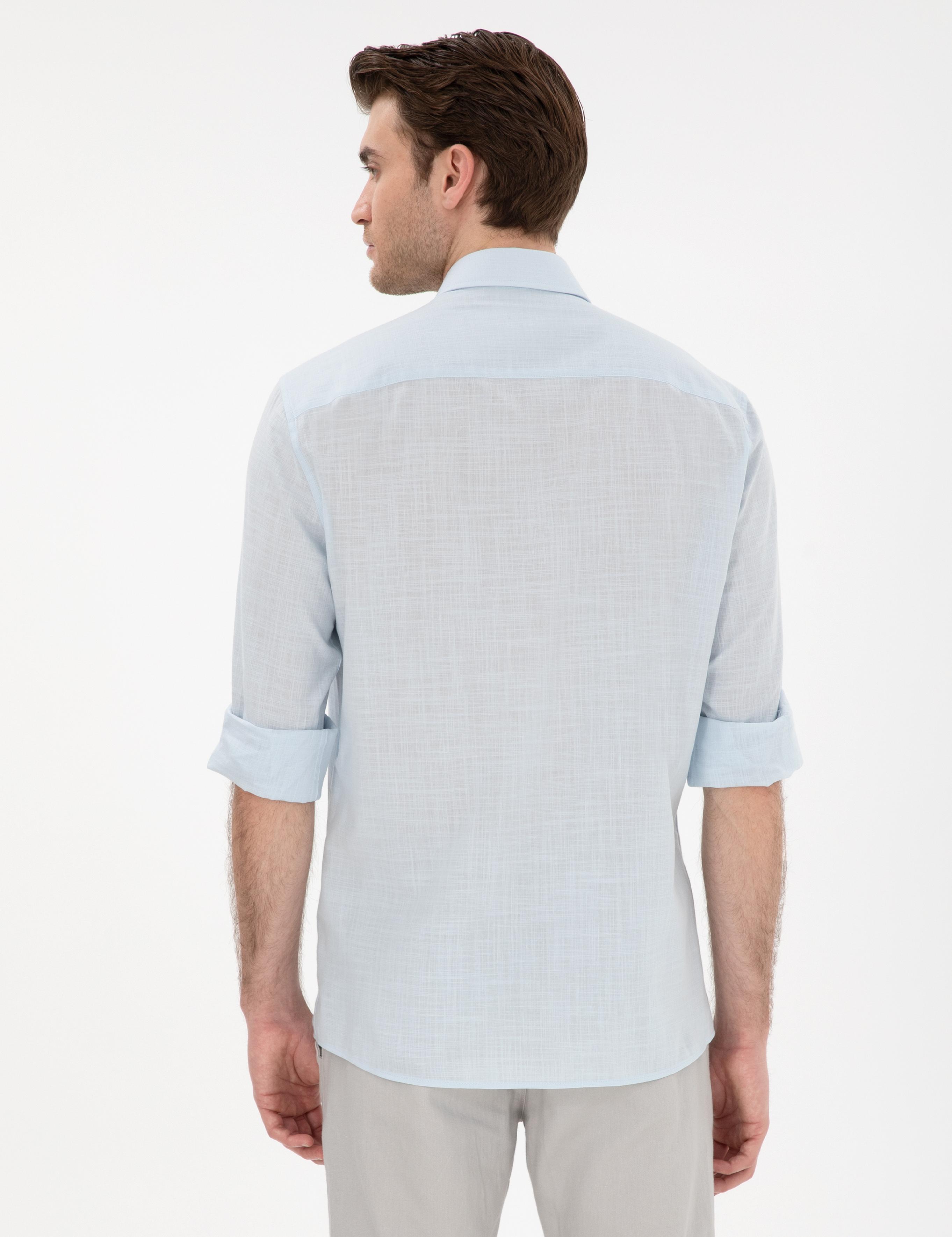 Açık Mavi Keten Görünümlü Slim Fit Uzun Kollu Gömlek