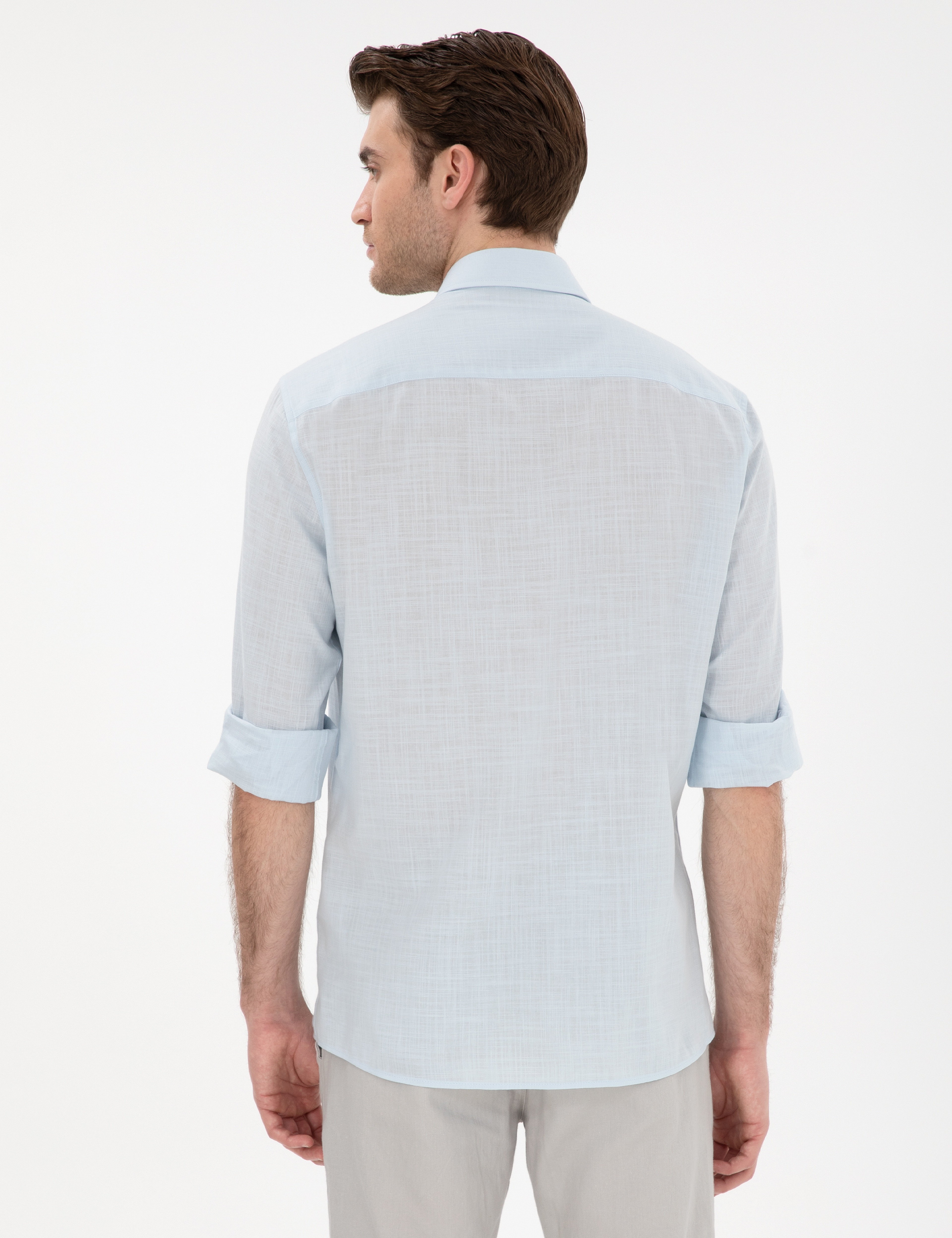 Açık Mavi Keten Görünümlü Slim Fit Uzun Kollu Gömlek - Image 5