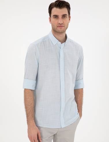 Açık Mavi Keten Görünümlü Slim Fit Uzun Kollu Gömlek