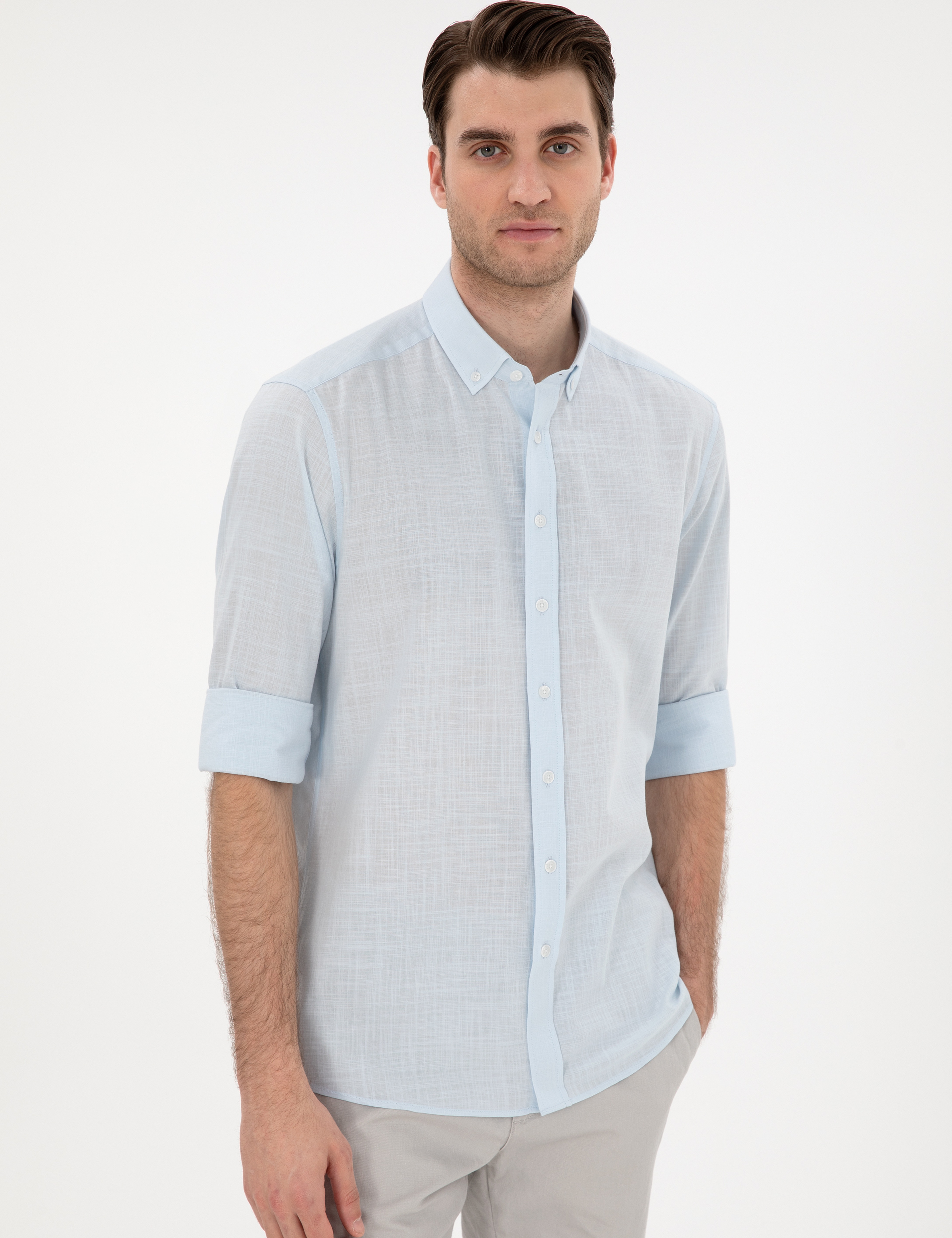Açık Mavi Keten Görünümlü Slim Fit Uzun Kollu Gömlek - Image 3