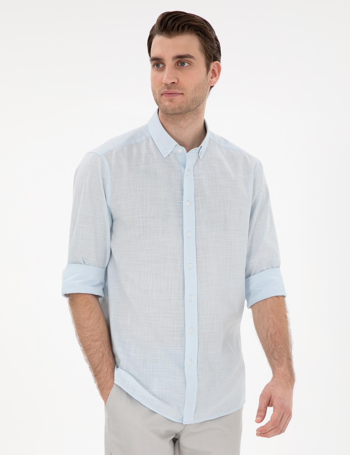 Açık Mavi Keten Görünümlü Slim Fit Uzun Kollu Gömlek