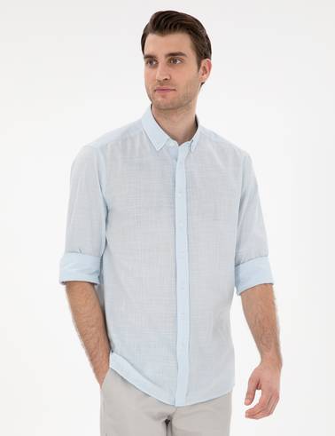 Açık Mavi Keten Görünümlü Slim Fit Uzun Kollu Gömlek