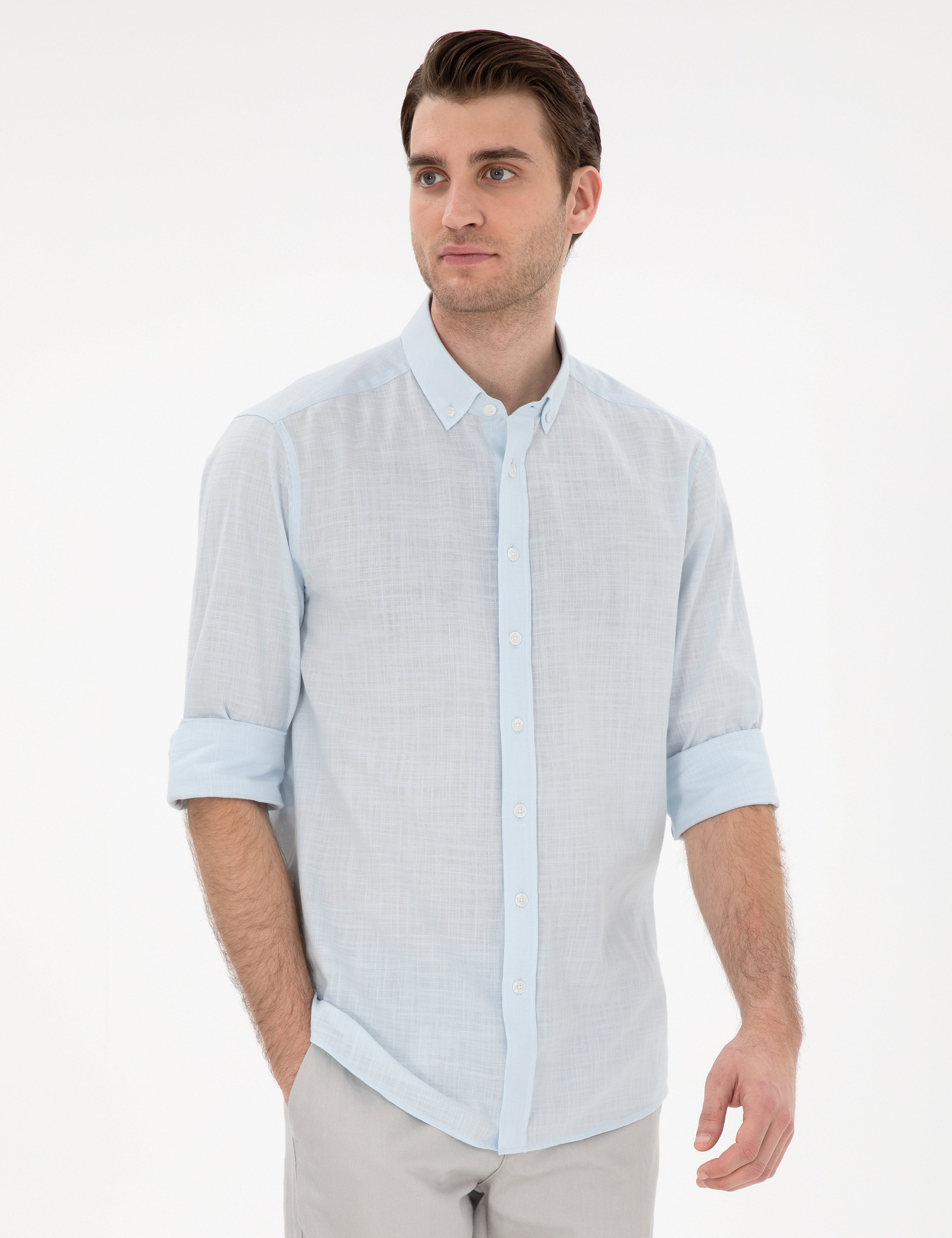 Açık Mavi Keten Görünümlü Slim Fit Uzun Kollu Gömlek - Image 1