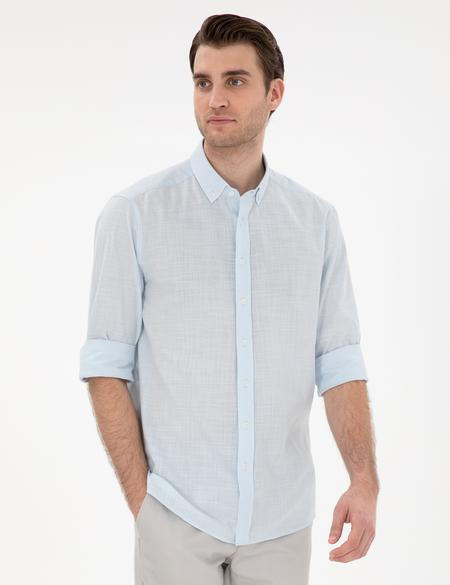Açık Mavi Keten Görünümlü Slim Fit Uzun Kollu Gömlek - 50302710095