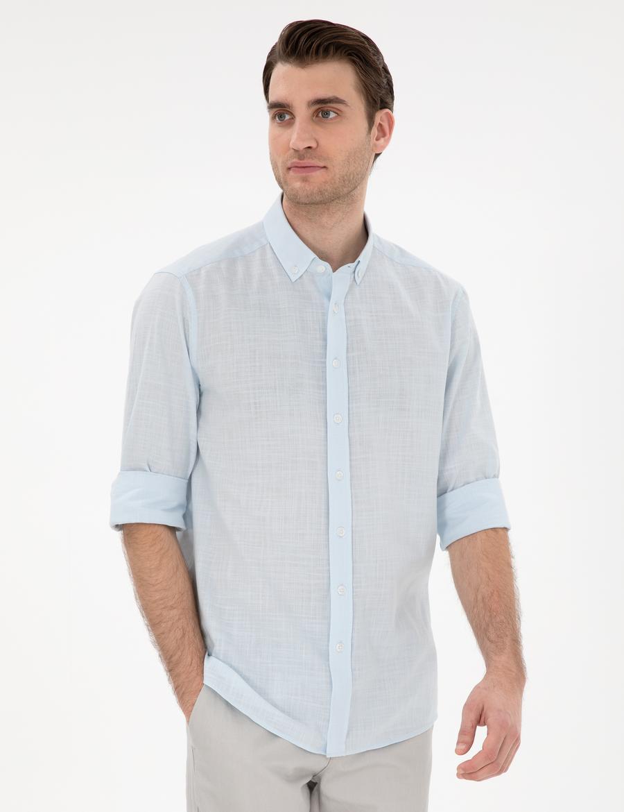 Açık Mavi Keten Görünümlü Slim Fit Uzun Kollu Gömlek