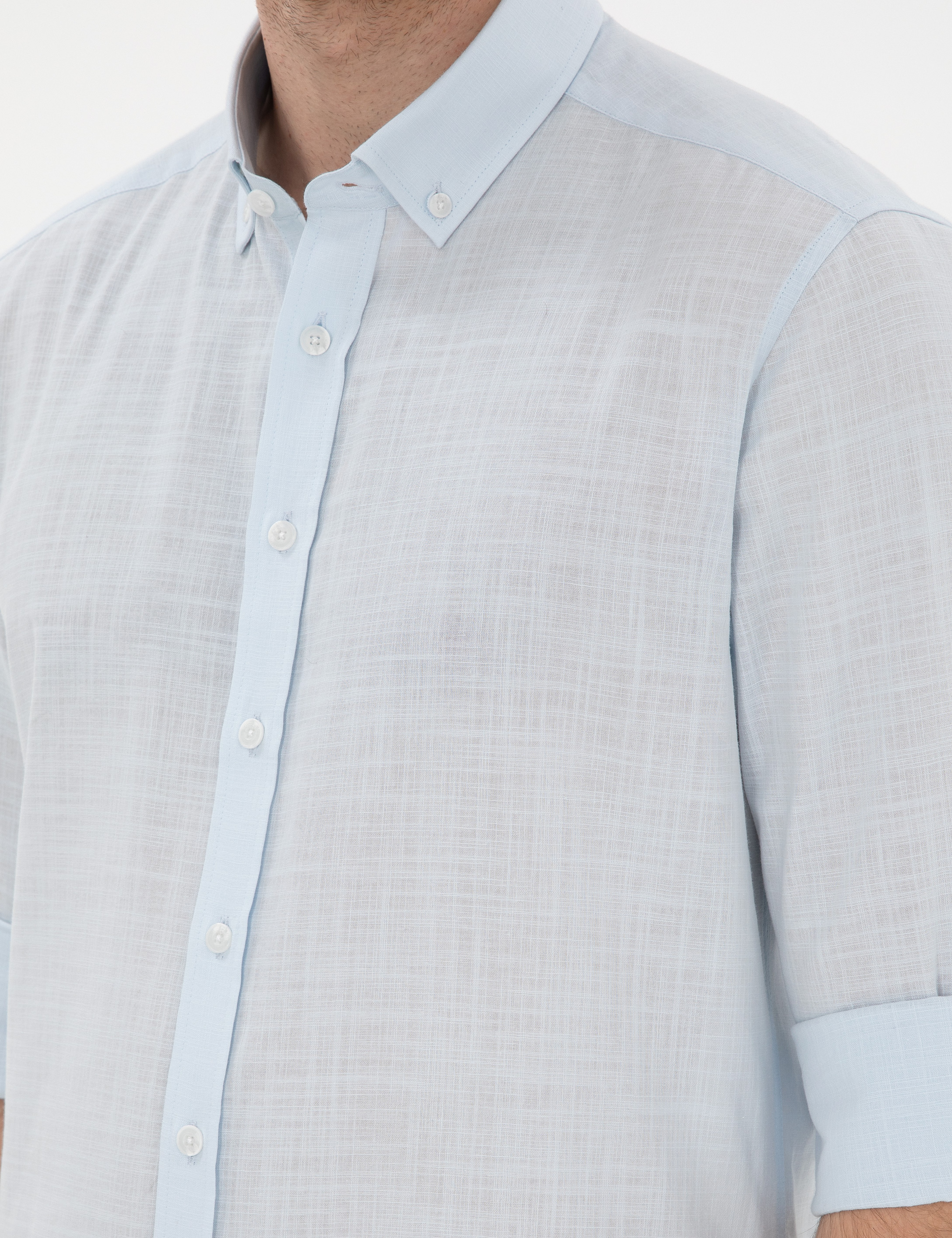 Açık Mavi Keten Görünümlü Slim Fit Uzun Kollu Gömlek - Image 7