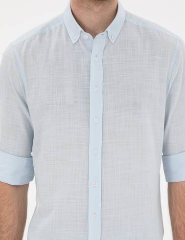 Açık Mavi Keten Görünümlü Slim Fit Uzun Kollu Gömlek