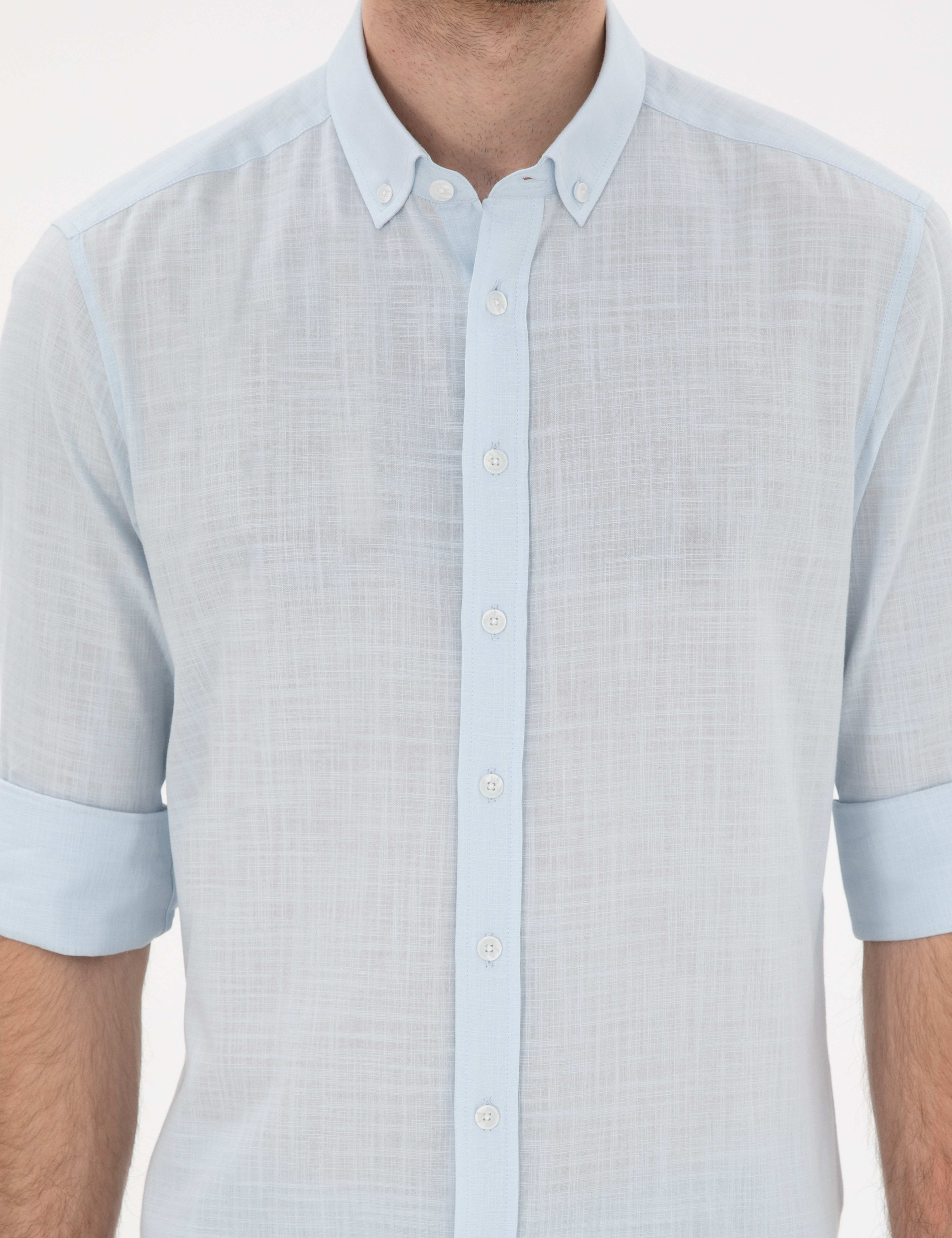 Açık Mavi Keten Görünümlü Slim Fit Uzun Kollu Gömlek - Image 6