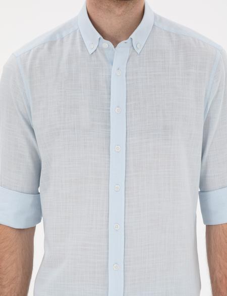 Açık Mavi Keten Görünümlü Slim Fit Uzun Kollu Gömlek - 50302710095