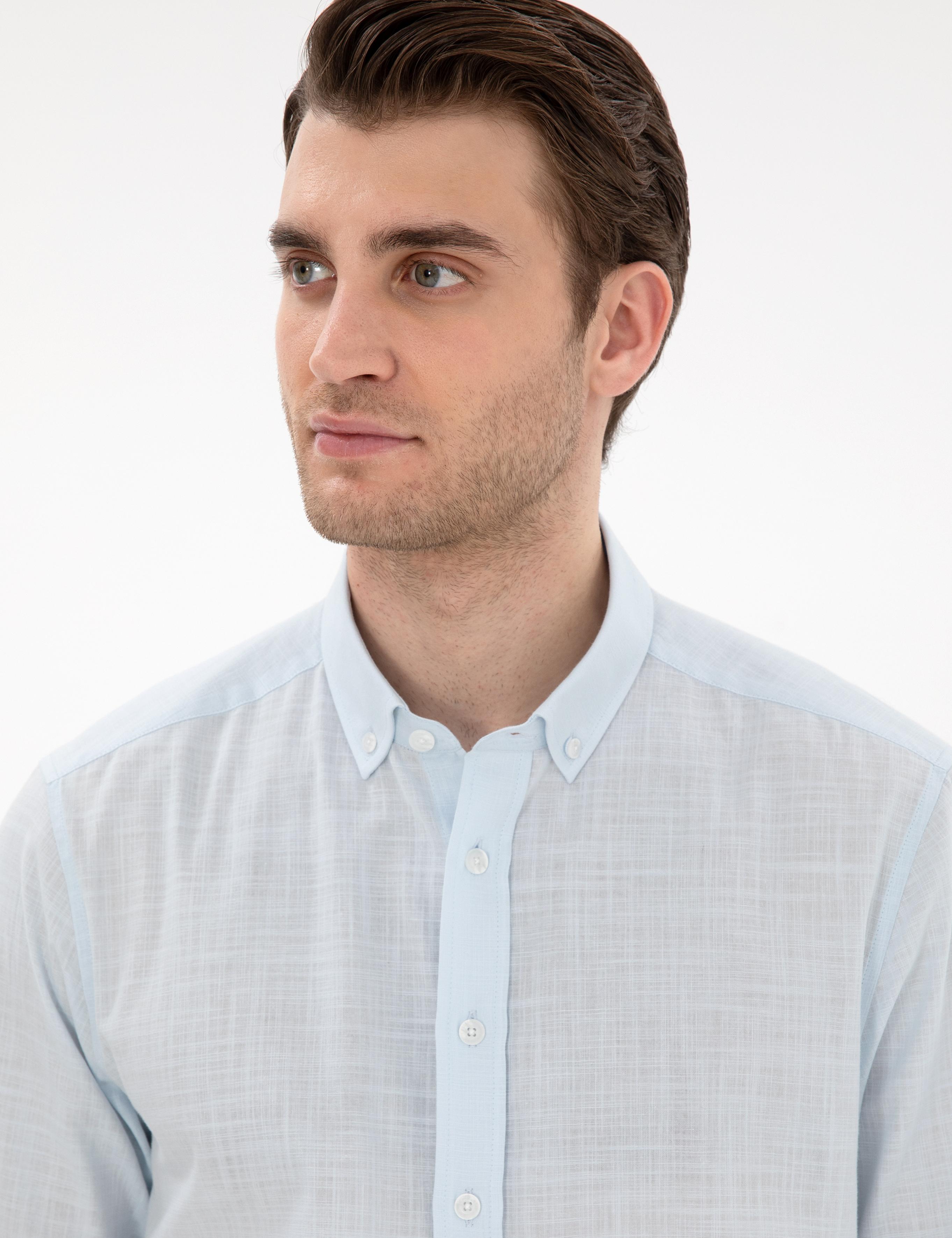 Açık Mavi Keten Görünümlü Slim Fit Uzun Kollu Gömlek