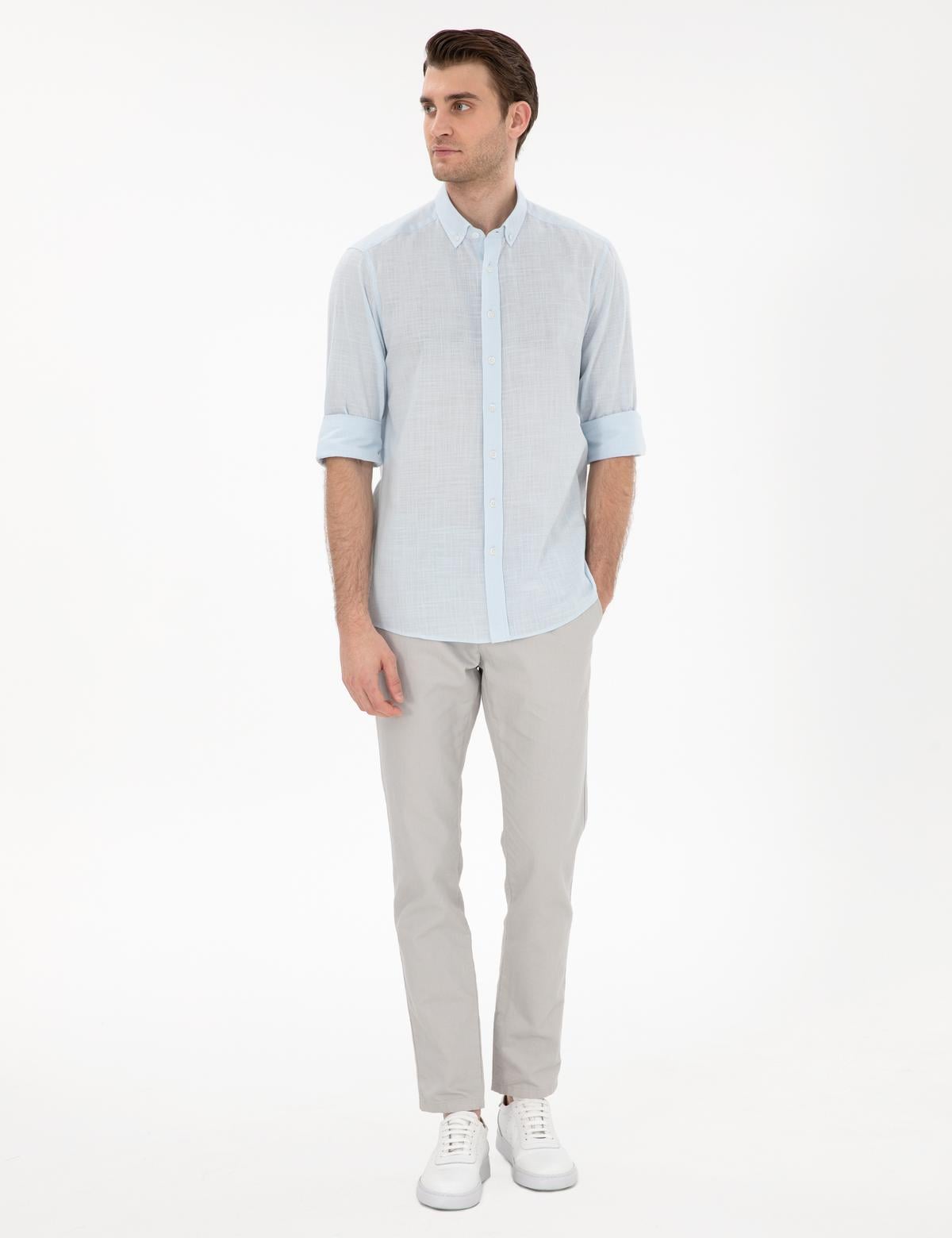 Açık Mavi Keten Görünümlü Slim Fit Uzun Kollu Gömlek - 50302710095