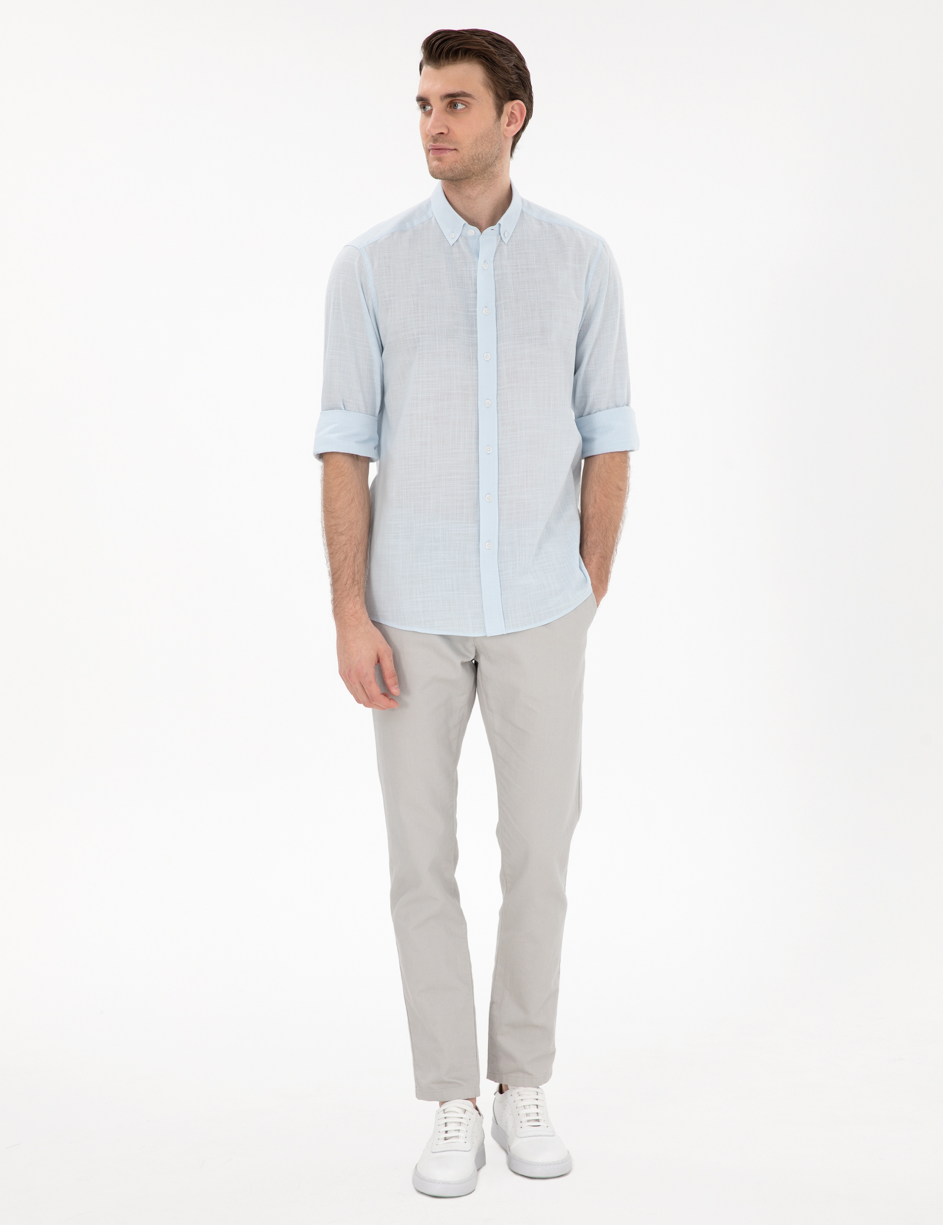 Açık Mavi Keten Görünümlü Slim Fit Uzun Kollu Gömlek - Image 4