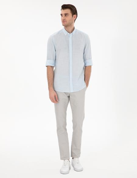 Açık Mavi Keten Görünümlü Slim Fit Uzun Kollu Gömlek - 50302710095