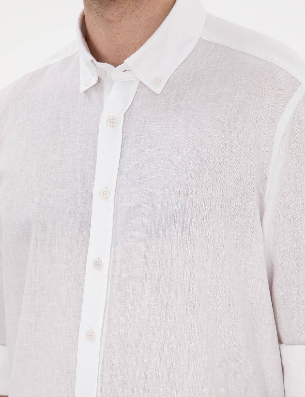 Beyaz Keten Karışımlı Regular Fit Uzun Kollu Gömlek - 50303388002