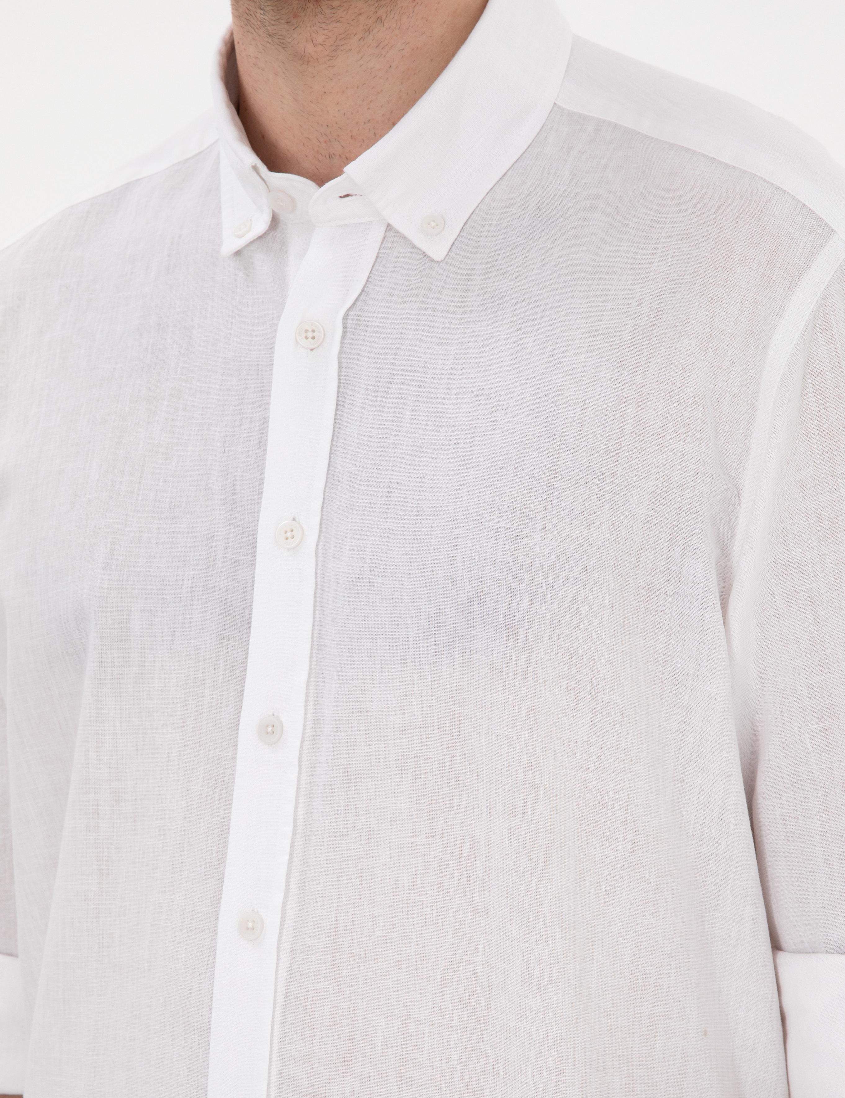 Beyaz Keten Karışımlı Regular Fit Uzun Kollu Gömlek