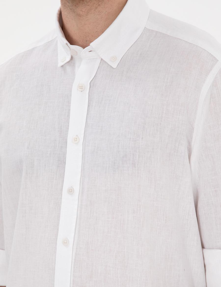 Beyaz Keten Karışımlı Regular Fit Uzun Kollu Gömlek