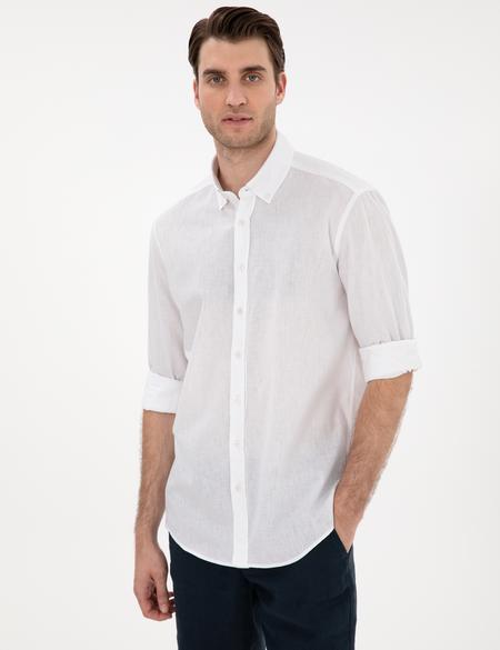 Beyaz Keten Karışımlı Regular Fit Uzun Kollu Gömlek - 50303388002