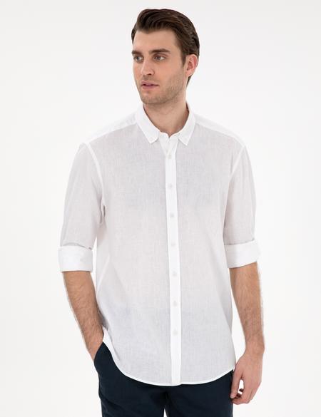 Beyaz Keten Karışımlı Regular Fit Uzun Kollu Gömlek - 50303388002
