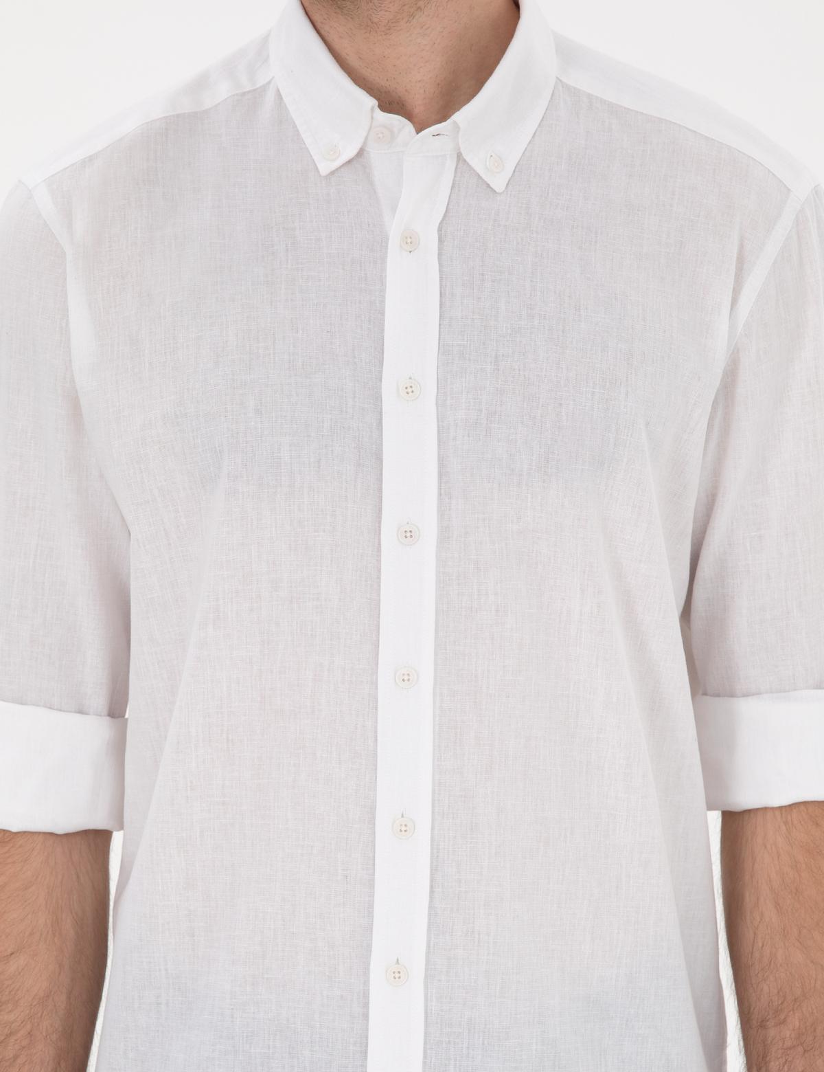 Beyaz Keten Karışımlı Regular Fit Uzun Kollu Gömlek - 50303388002
