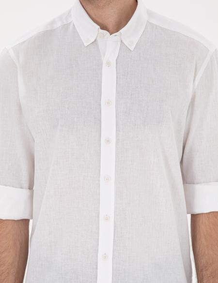 Beyaz Keten Karışımlı Regular Fit Uzun Kollu Gömlek - 50303388002