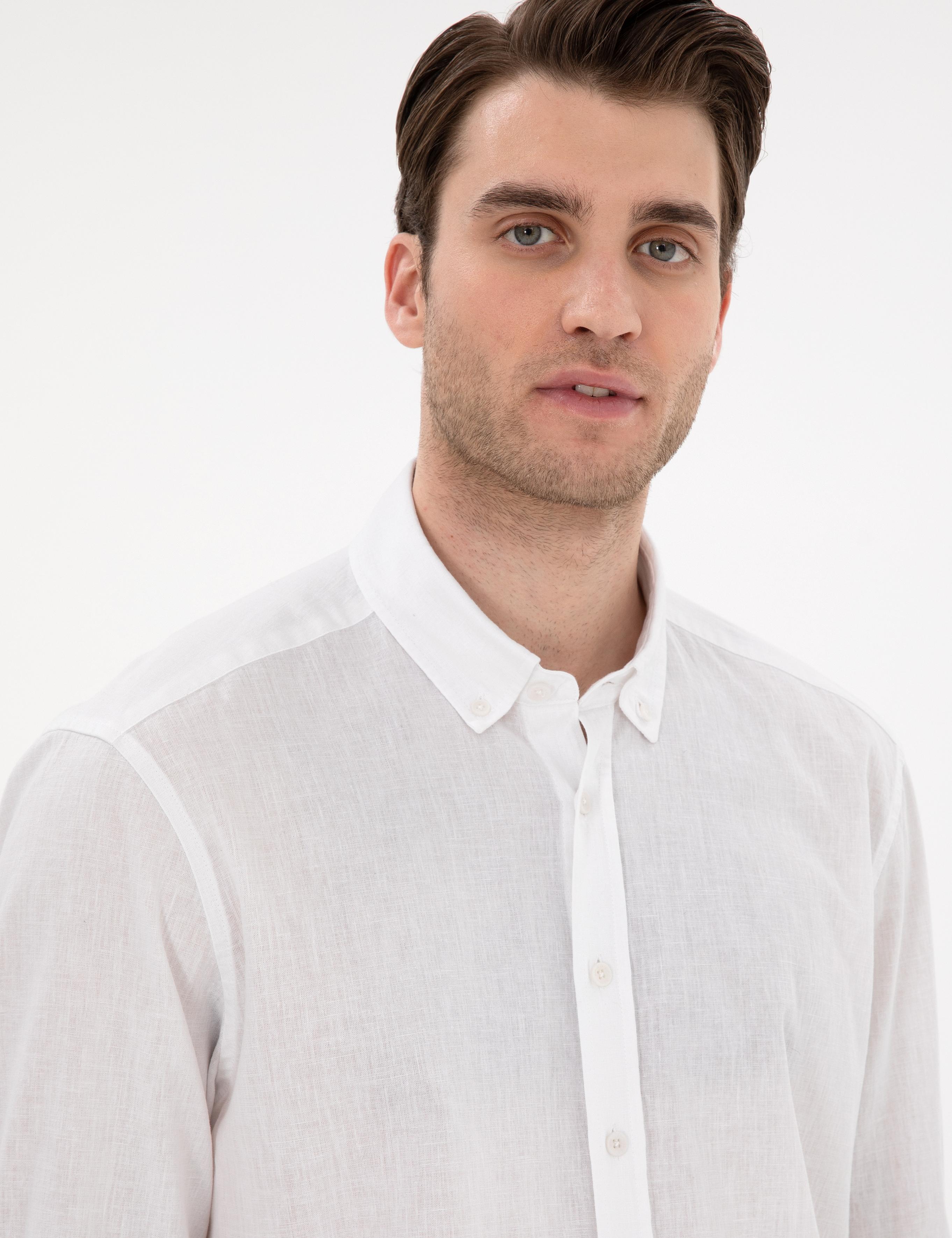 Beyaz Keten Karışımlı Regular Fit Uzun Kollu Gömlek