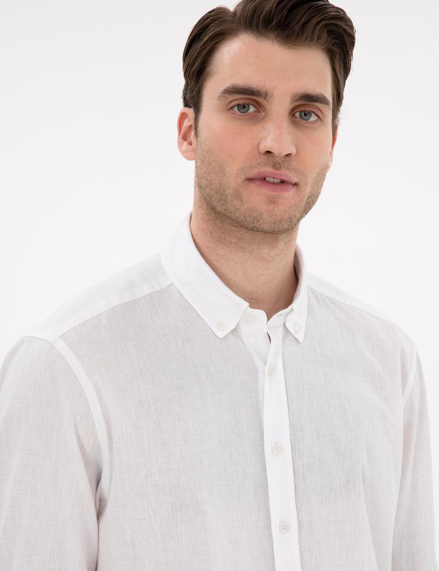 Beyaz Keten Karışımlı Regular Fit Uzun Kollu Gömlek