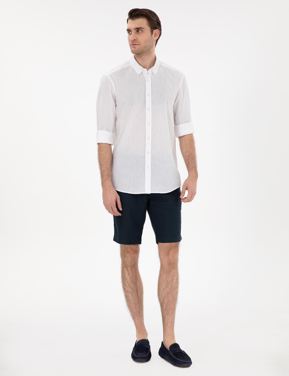 Beyaz Keten Karışımlı Regular Fit Uzun Kollu Gömlek - 50303388002