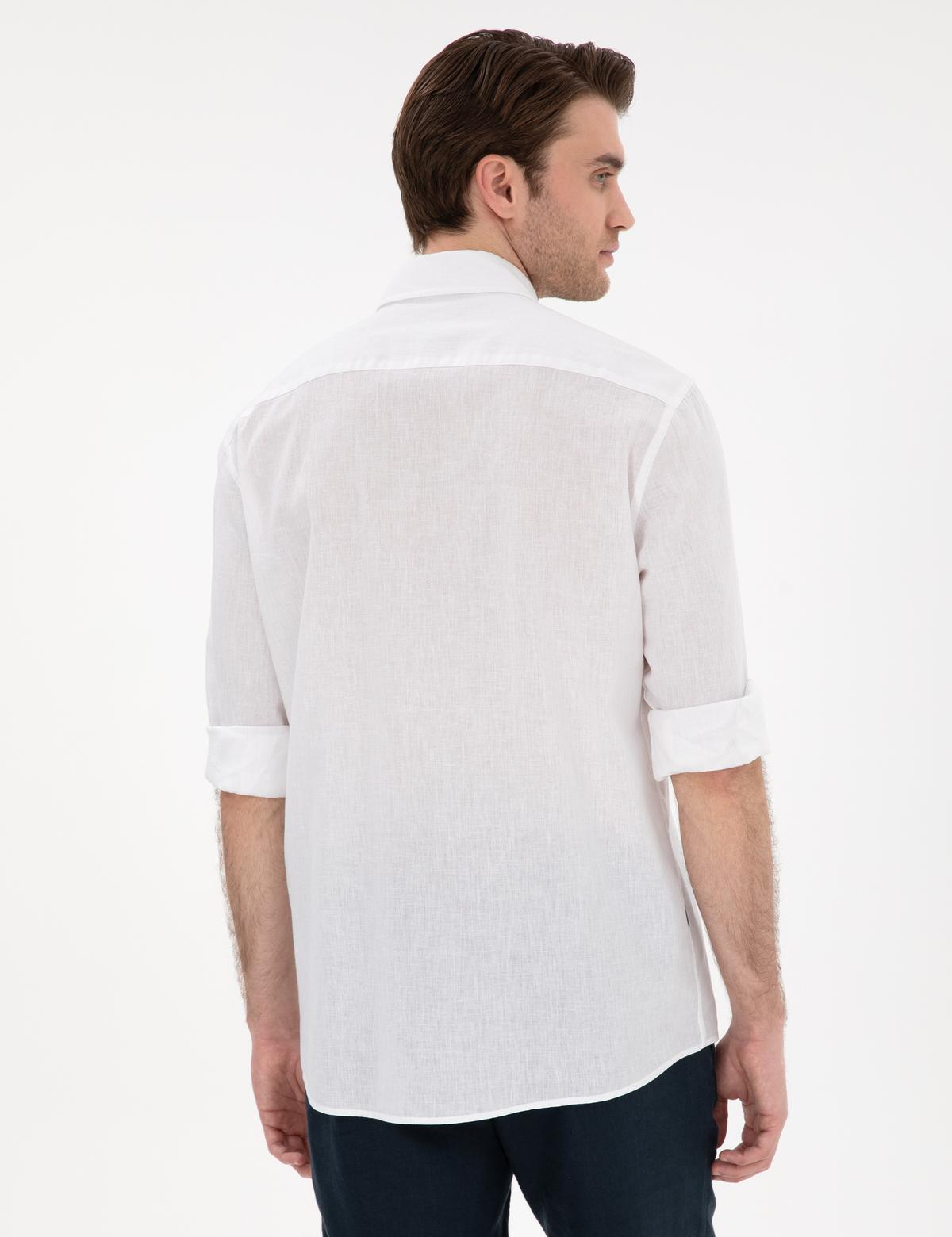 Beyaz Keten Karışımlı Regular Fit Uzun Kollu Gömlek - 50303388002