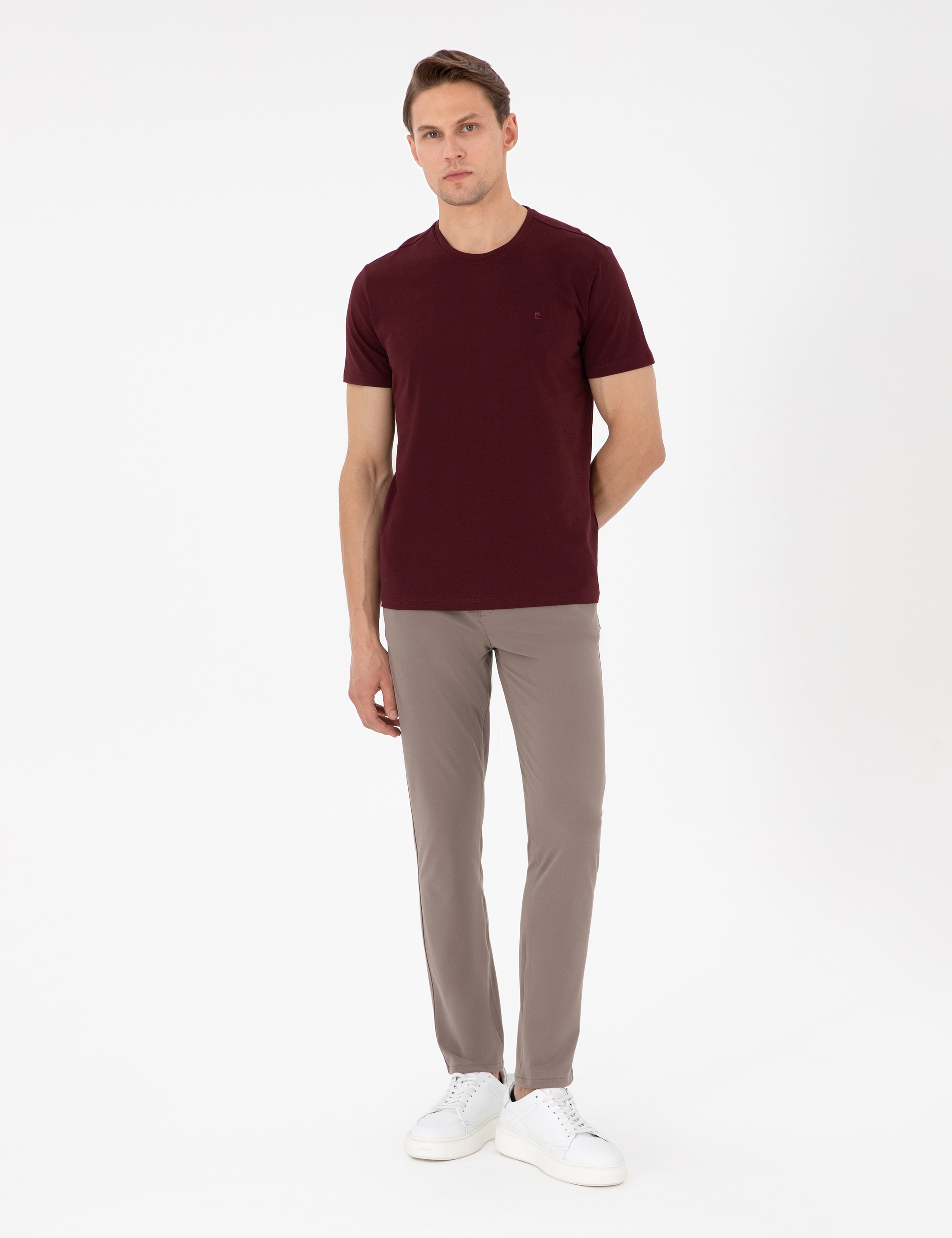 Bordo Slim Fit %100 Pamuk Bisiklet Yaka Basic Tişört - Image 4