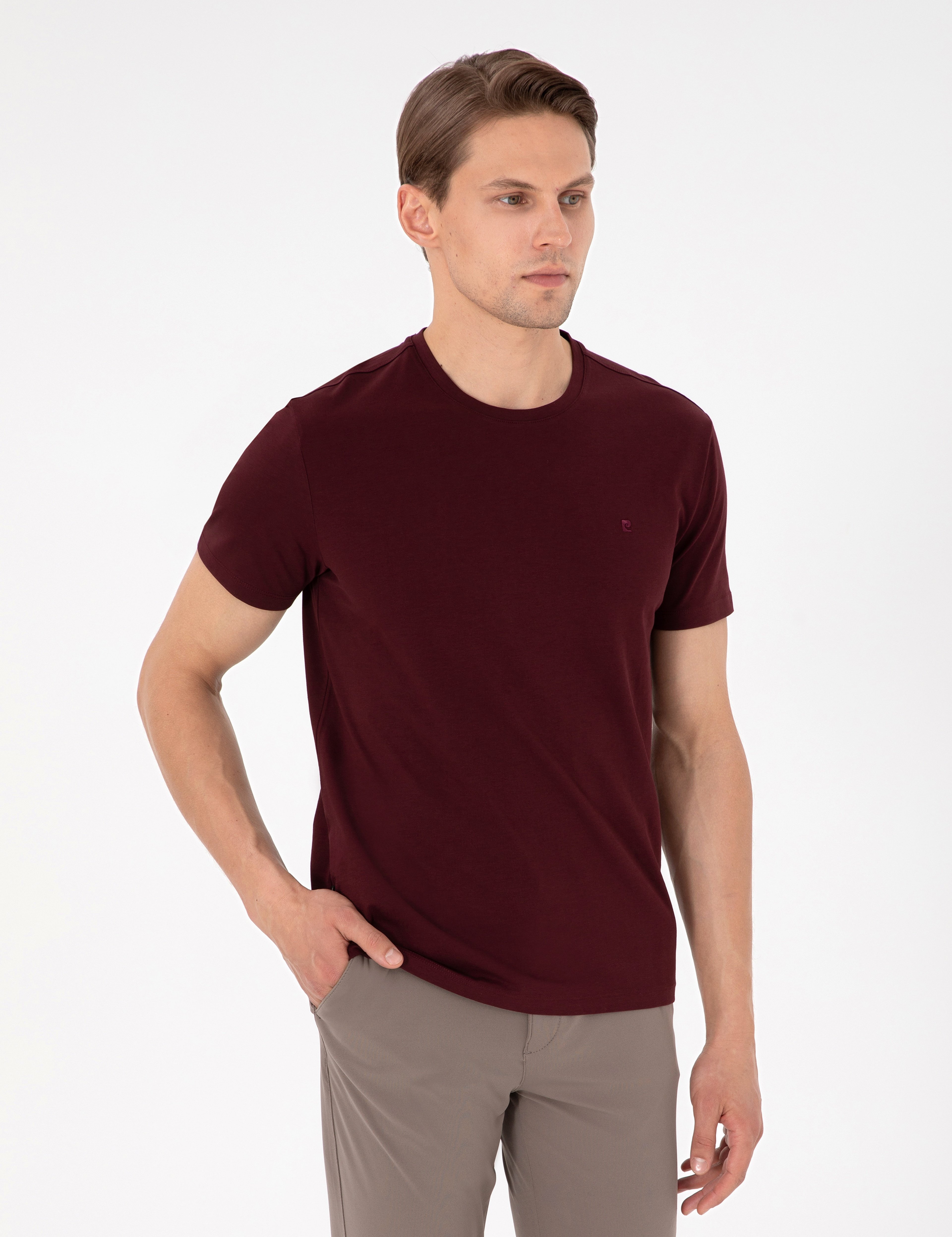 Bordo Slim Fit %100 Pamuk Bisiklet Yaka Basic Tişört - Image 1