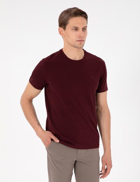 Bordo %100 Pamuk Slim Fit Bisiklet Yaka Basic Tişört - 50306980078