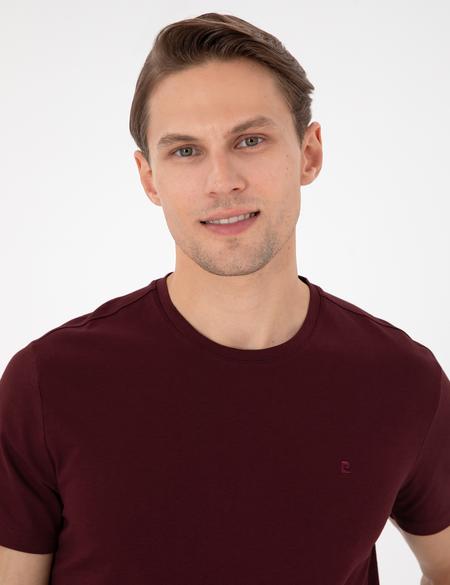 Bordo %100 Pamuk Slim Fit Bisiklet Yaka Basic Tişört - 50306980078