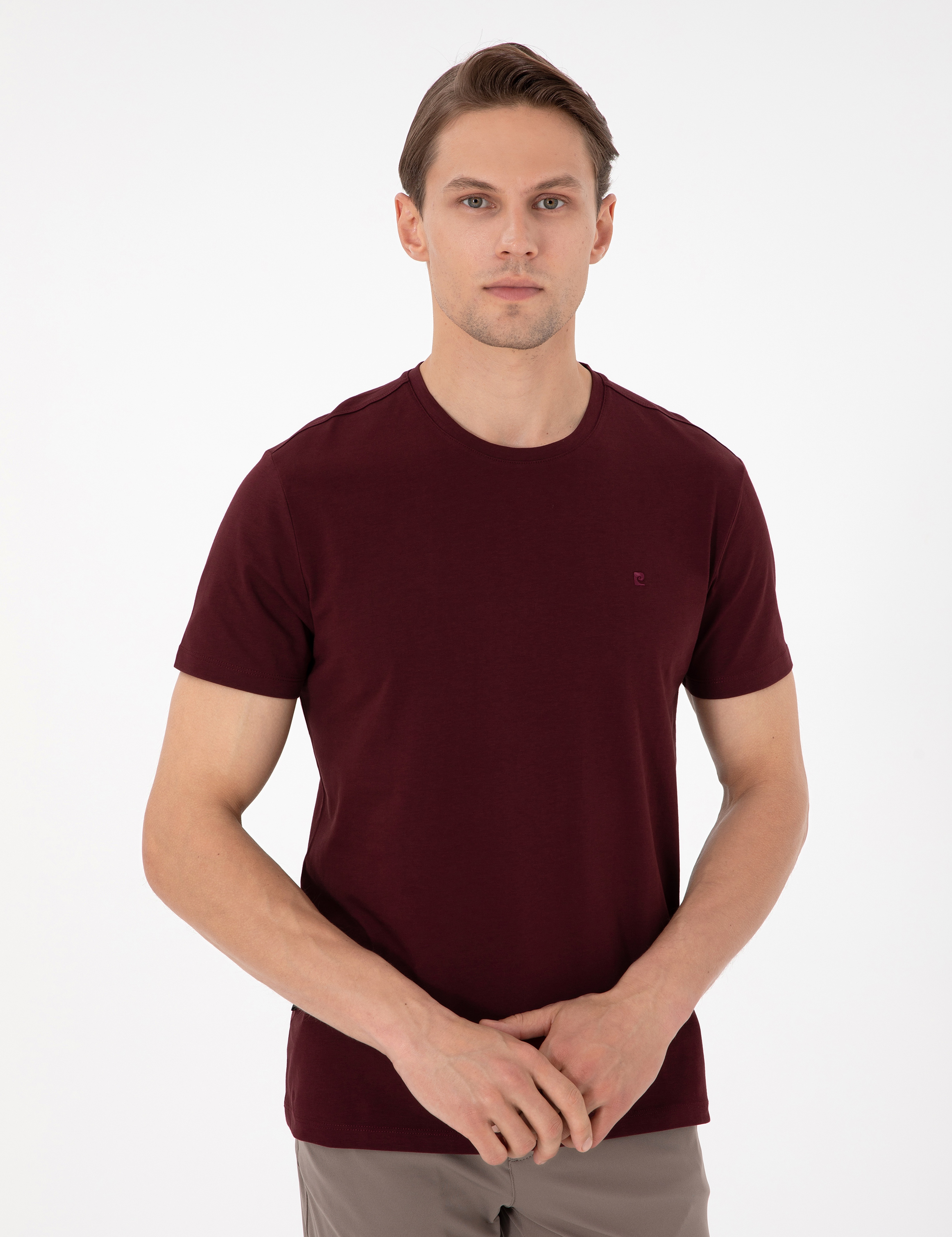 Bordo Slim Fit %100 Pamuk Bisiklet Yaka Basic Tişört - Image 3