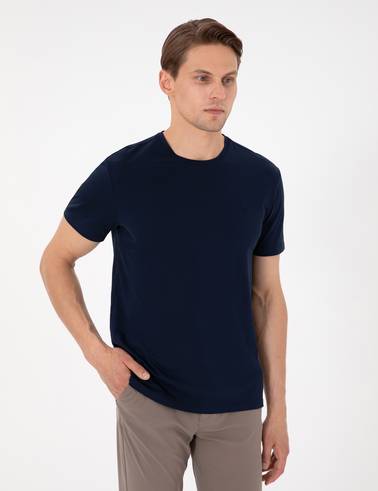 Lacivert Slim Fit %100 Pamuk Bisiklet Yaka Basic Tişört